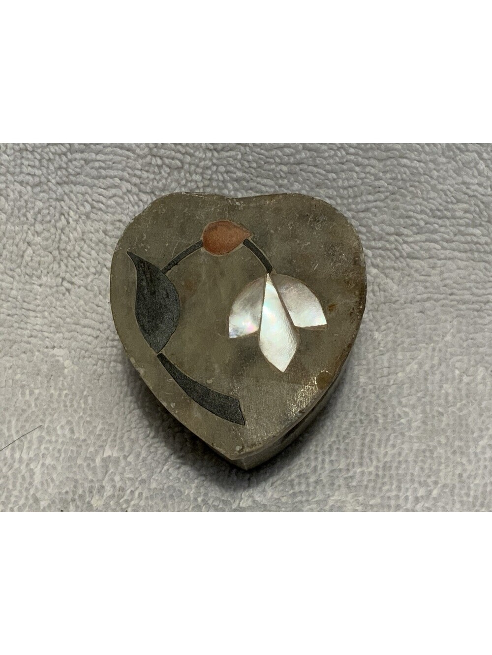 Carved Heart Shaped Stone Trinket Box with Inlay 1.75”L x 1.75”W x 1.25”H.
